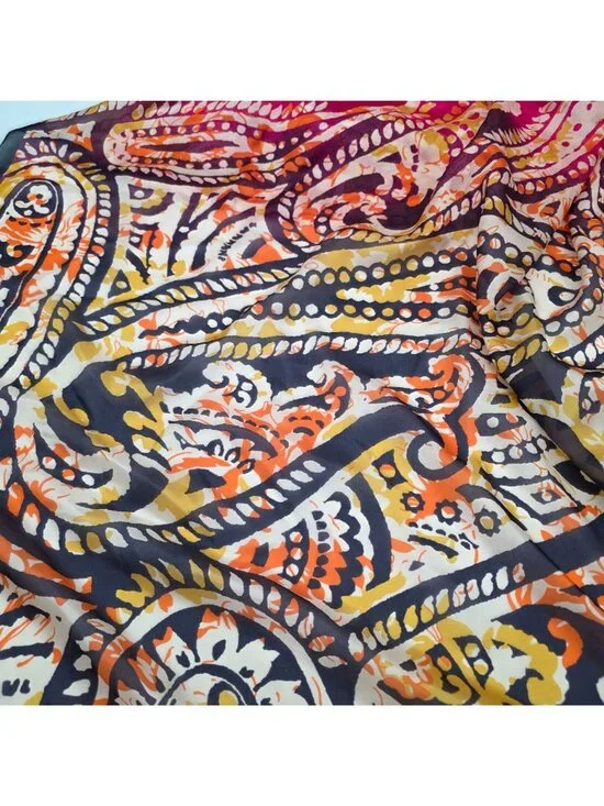 Vibrant Paisley Print Silk Large Wrap Scarf In Pink Orange & Black 42"x96" - Picture 5 of 9